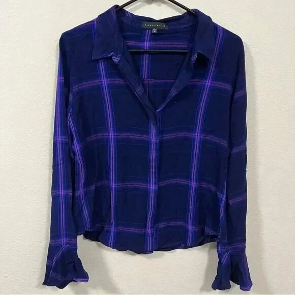 Sanctuary Purple Blue Button Down Flannel Shirt Ruffle Sleeves MEDIUM - Picture 1 of 3